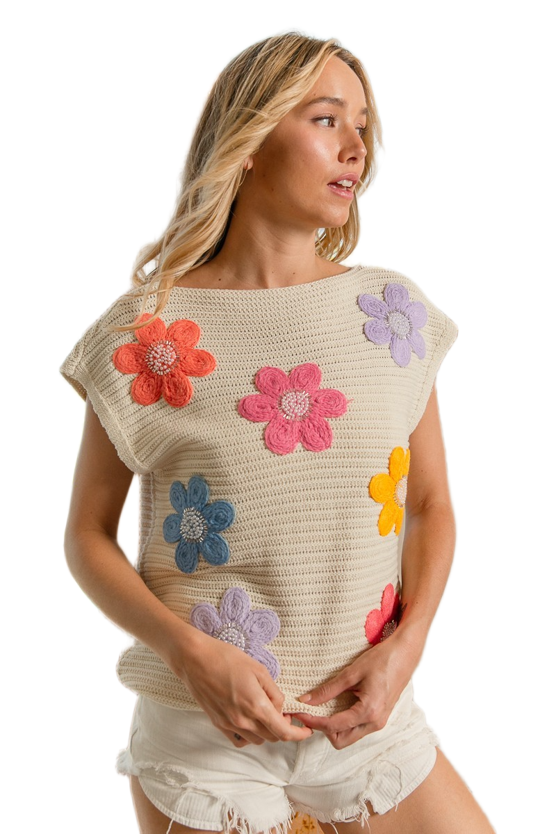 BiBi Multi Jeweled Crochet Flower Patch Sweater Vest