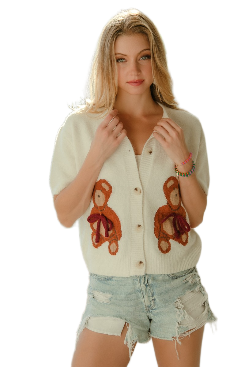 BiBi Teddy Bear With Bow Patched Sweater Button Down Top