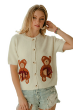 Load image into Gallery viewer, BiBi Teddy Bear With Bow Patched Sweater Button Down Top
