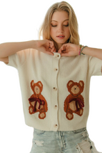 Load image into Gallery viewer, BiBi Teddy Bear With Bow Patched Sweater Button Down Top
