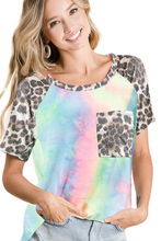 Load image into Gallery viewer, BiBi Tie Dye Knit Top with Leopard Raglan Sleeves
