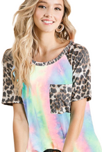 Load image into Gallery viewer, BiBi Tie Dye Knit Top with Leopard Raglan Sleeves
