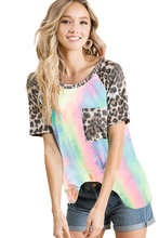 Load image into Gallery viewer, BiBi Tie Dye Knit Top with Leopard Raglan Sleeves
