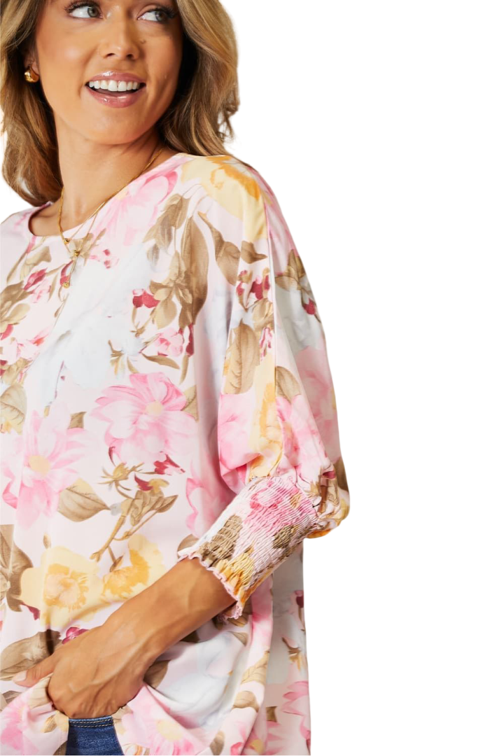 Double Take Floral Round Neck Three-Quarter Sleeve Top