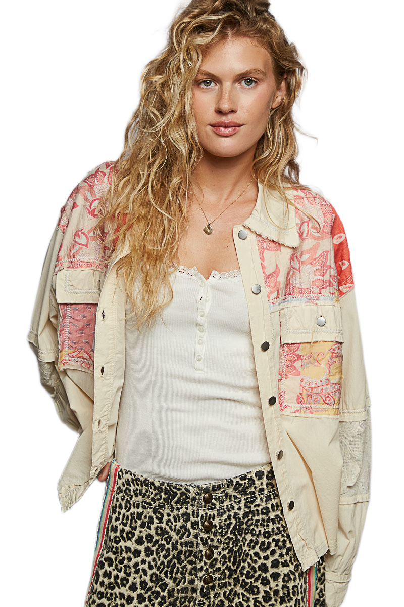 POL Printed Woven Mix Raw Hem Jacket with Lace Detail