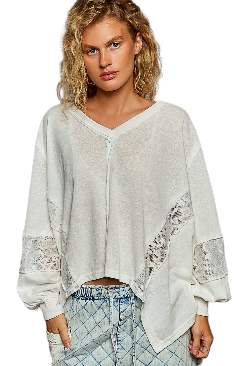 POL V-Neck Long Sleeve T-Shirt with Lace Detail