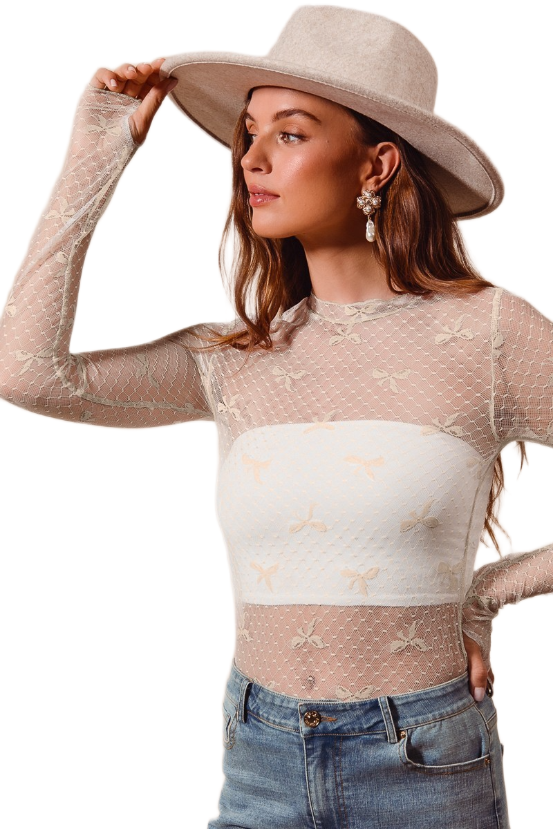 SO ME Bow Ribbon Pattern Sheer Lace Top