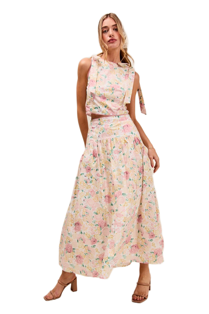 SO ME Floral Printed Woven Shoulder Bow Tie Top and Skirt Set