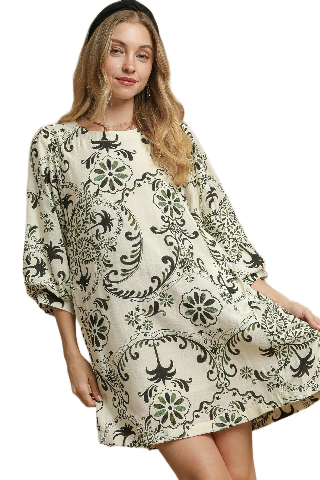 Umgee Boho Printed Balloon Sleeve Mini Dress