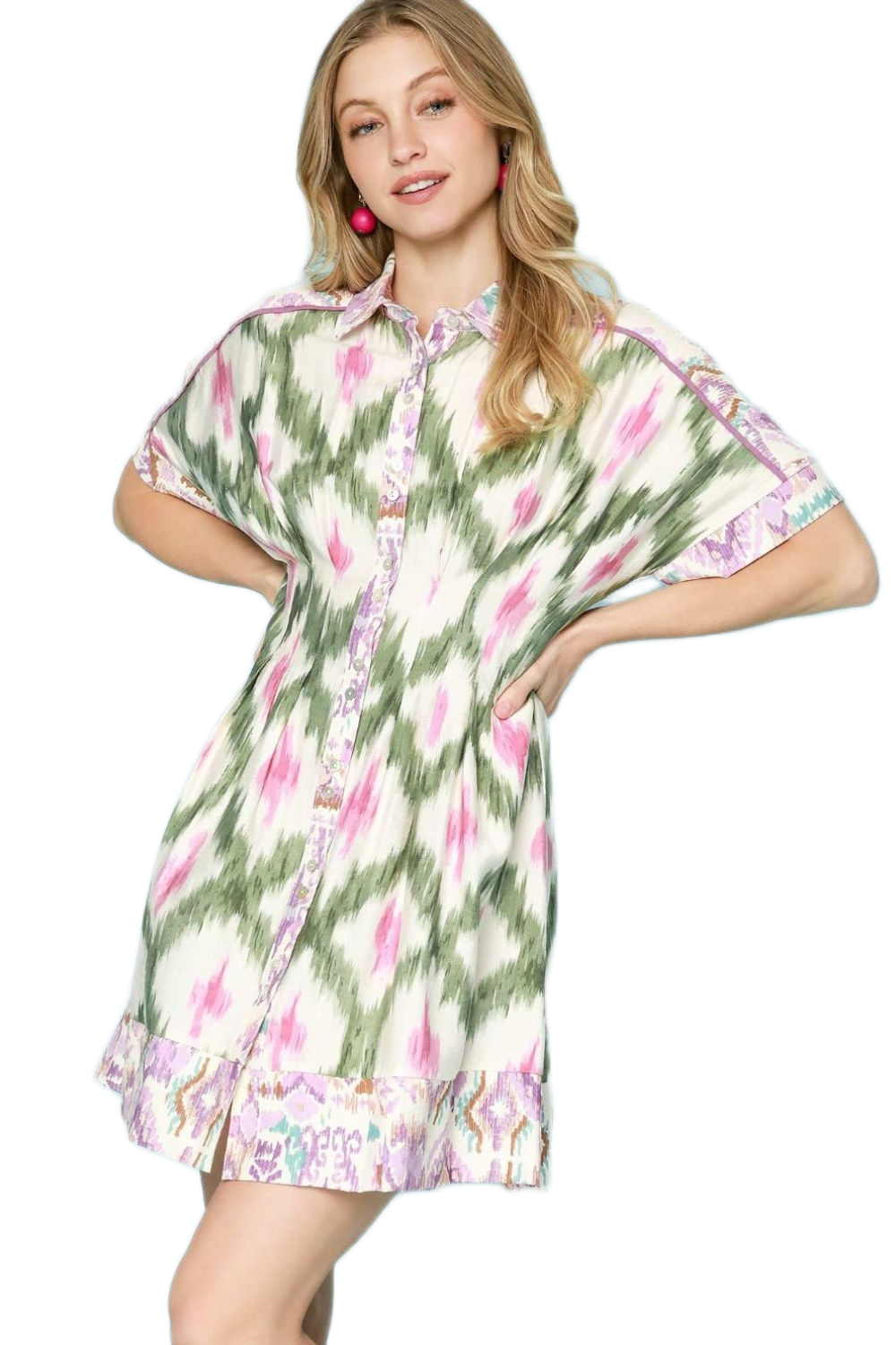 Umgee Ethnic Print Short Sleeve Mini Shirt Dress