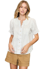 Load image into Gallery viewer, Umgee Peter Pan Collared Button Down Textured Shirt with Ruffled Deatil
