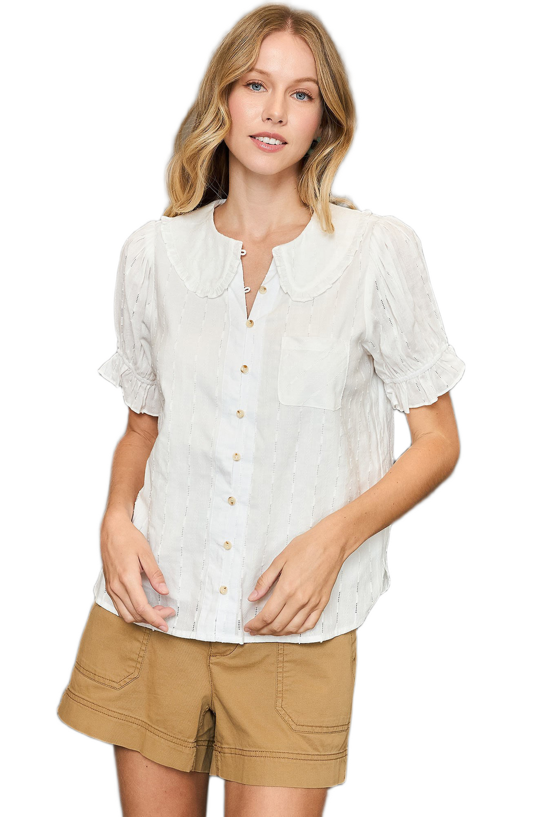 Umgee Peter Pan Collared Button Down Textured Shirt with Ruffled Deatil