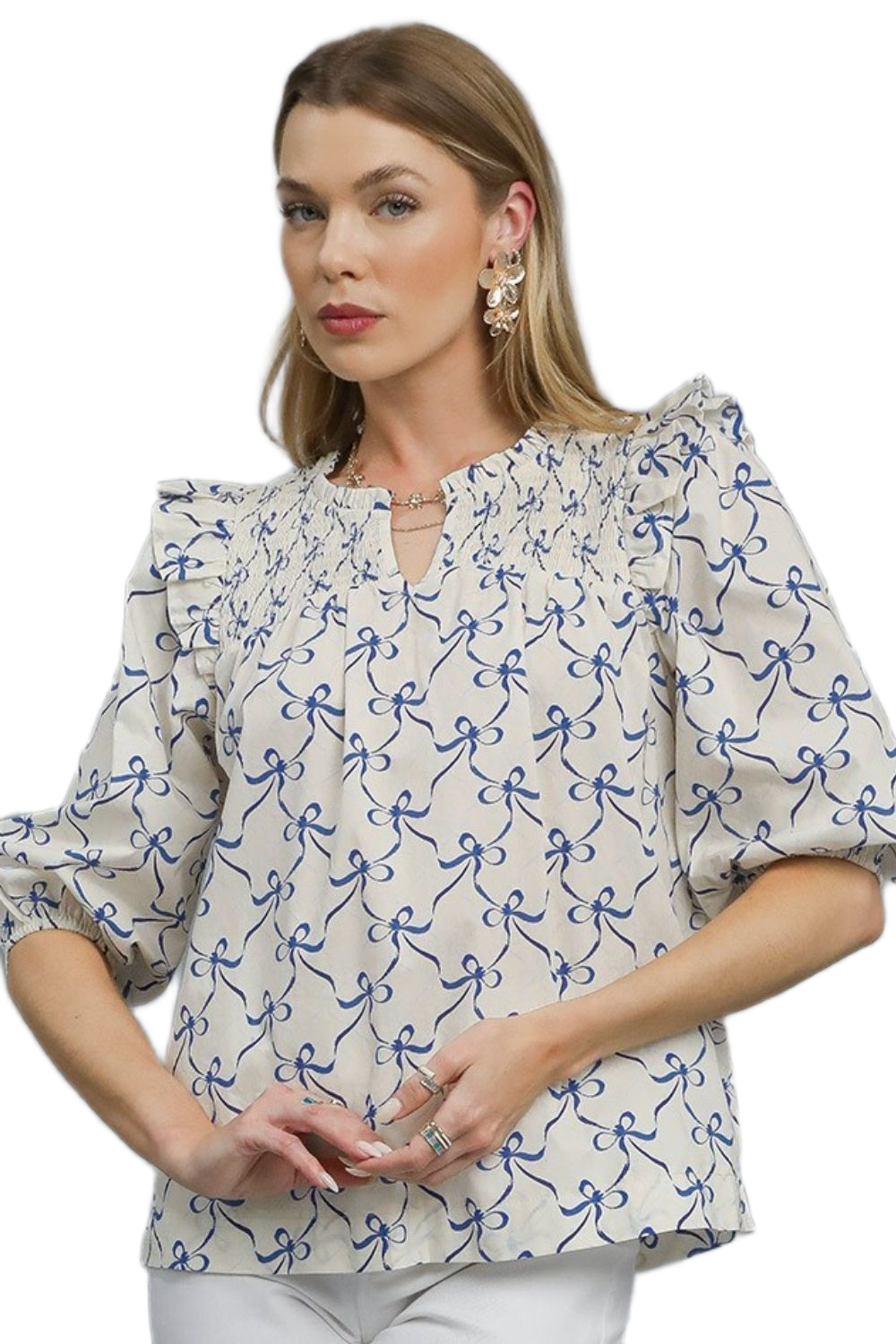 Umgee Ruffled Bow Print Notched Blouse