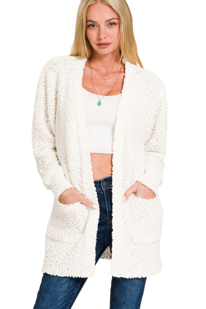 Zenana Long Sleeve Popcorn Sweater Cardigan with Pockets