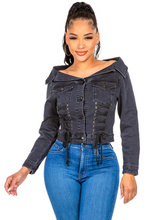 Load image into Gallery viewer, American Bazi Off Shoulder Lace Up Denim Jacket
