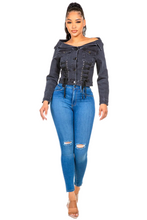 Load image into Gallery viewer, American Bazi Off Shoulder Lace Up Denim Jacket
